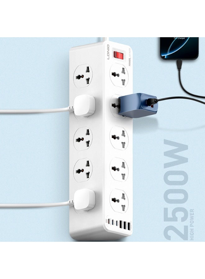 LDNIO SC10610C Universal Power Strip with 10 AC Outlets & 6 USB Ports (33W PD + QC3.0), 2500W Surge Protection Extension Socket, 2M Heavy Duty Cable , White - Image 3